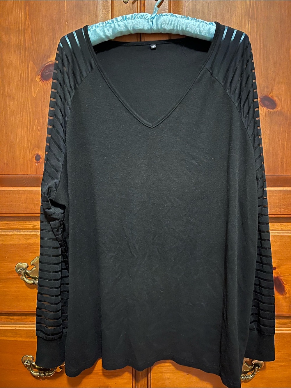SHEIN Black V-Neck Long Sleeve Top with Sheer Striped Sleeves